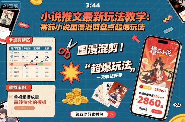 小说推文最新玩法教学，番茄小说国漫混剪盘点超爆玩法，全程干货，一天收益多张