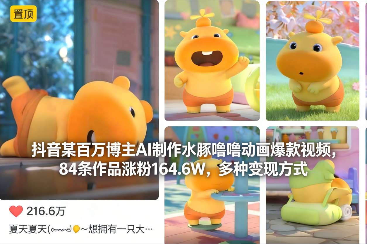 抖音某百万博主AI制作水豚噜噜动画爆款视频，84条作品涨粉164.6W，多种变现方式
