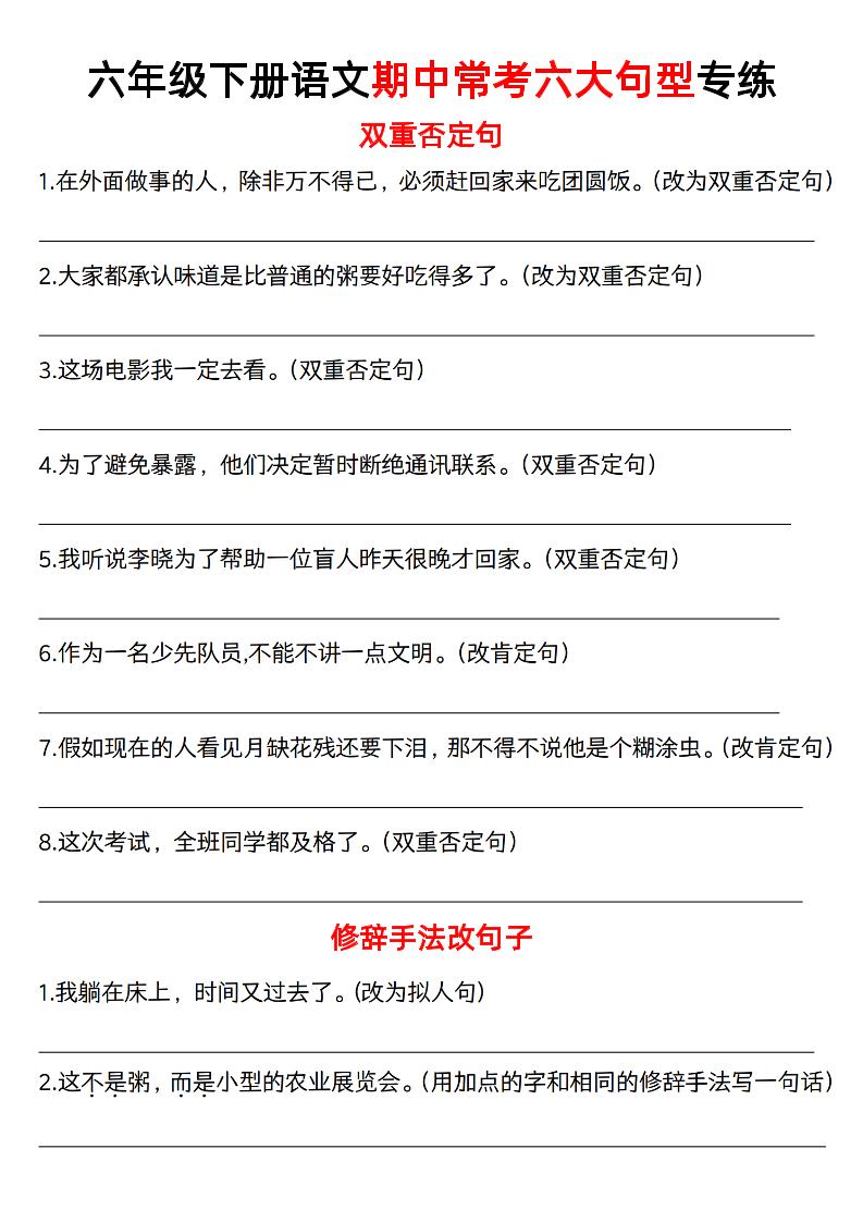 六下语文《六大句型期中考点专练》