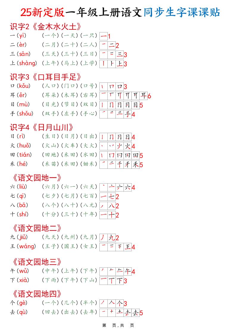 一年级上语文25最新版同步生字课课贴