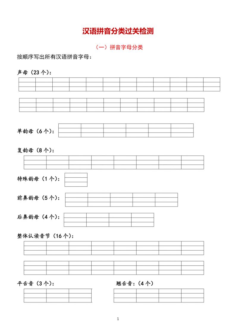 一年级上语文汉语拼音【分类过关】检测