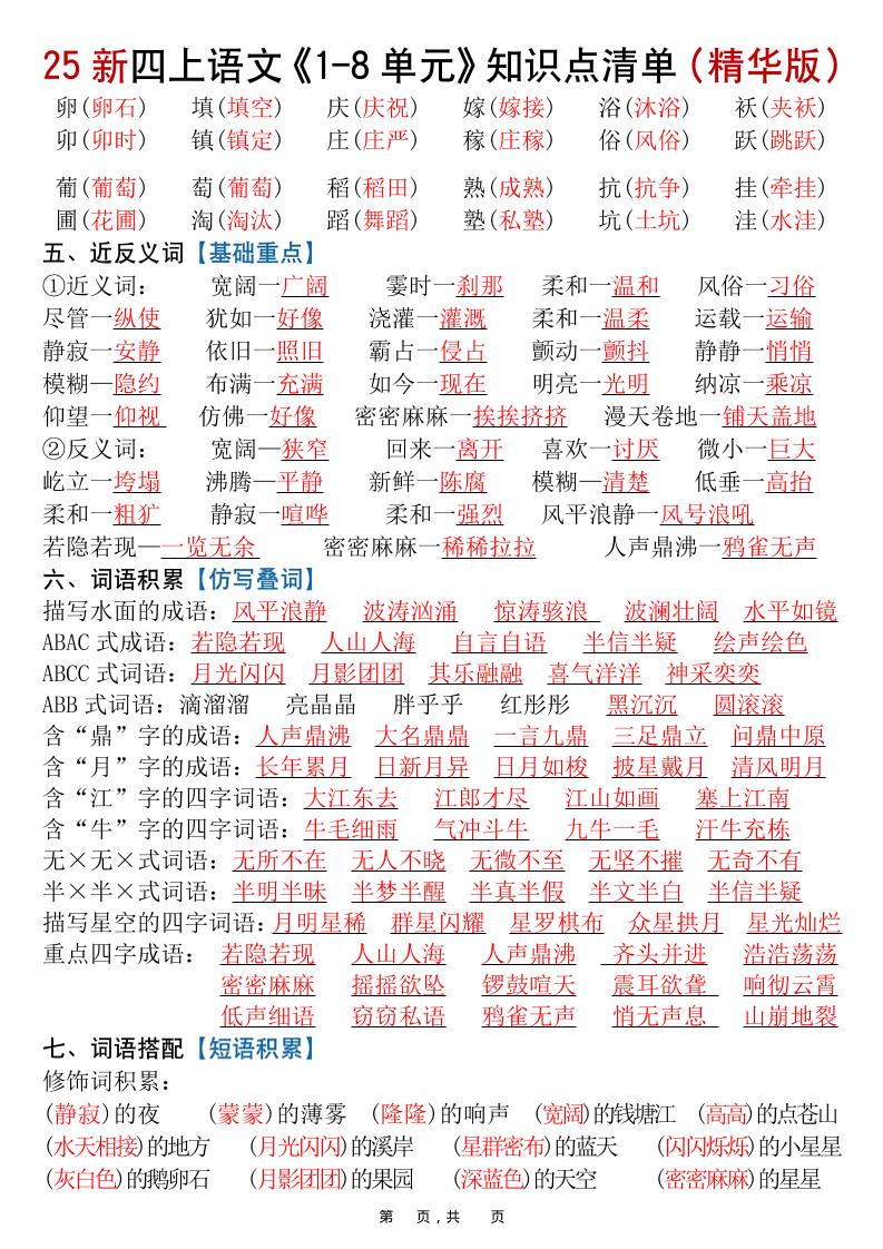 25新四上语文1-8单元知识点清单（精华版）九大核心考点23页