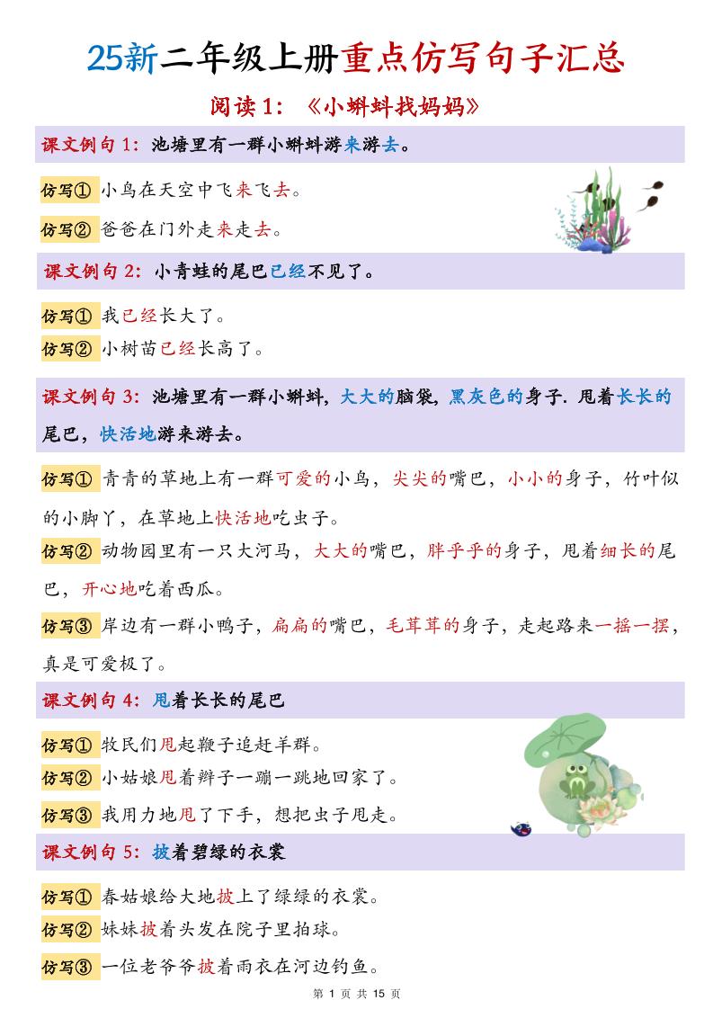 25新二上语文1-8单元重点仿写句子汇总(15页)