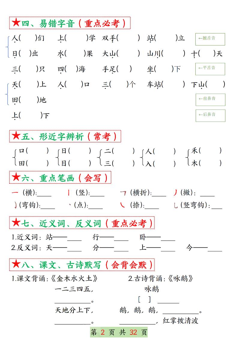 25学年一上语文1-8单元考点总结（8个必背知识点）空白＋答案版32页