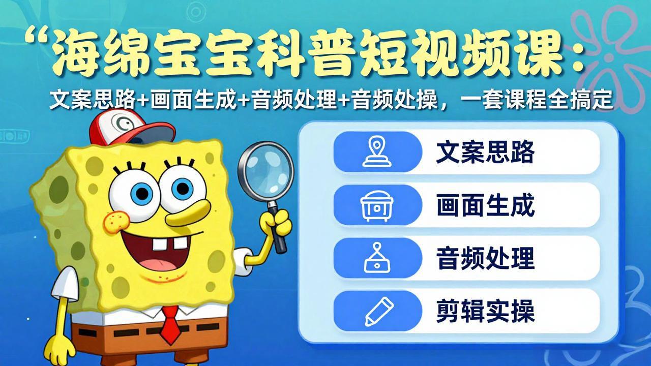 海绵宝宝科普短视频课：文案思路+画面生成+音频处理+剪辑实操，一套课程全搞定