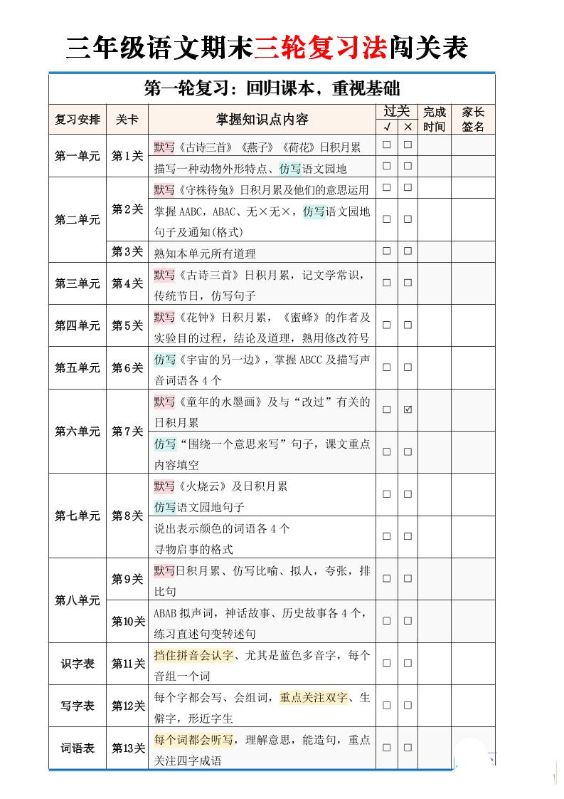 三下语文【期末三轮复习法闯关表】（2页）