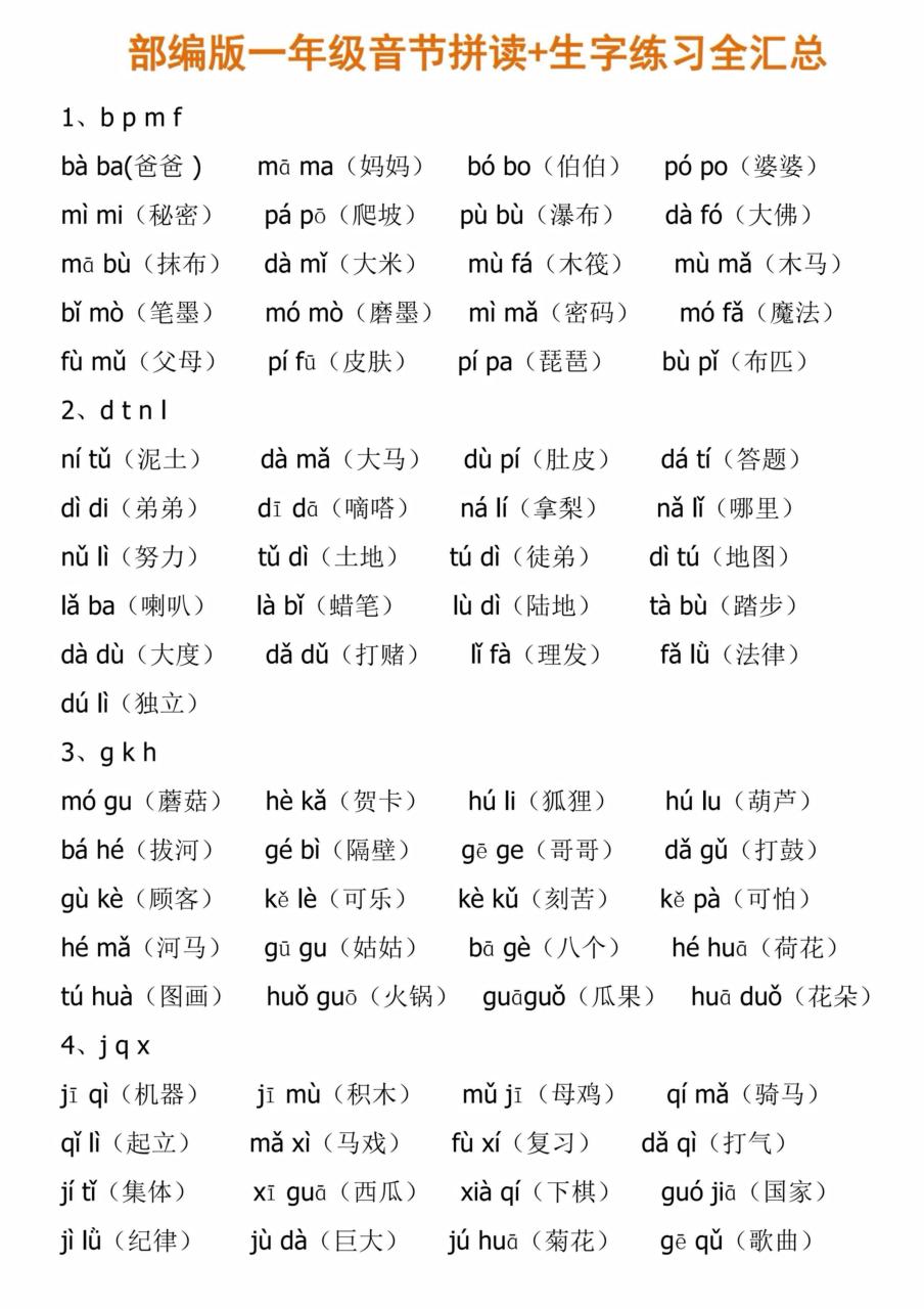 一年级上语文音节拼读和练习汇总