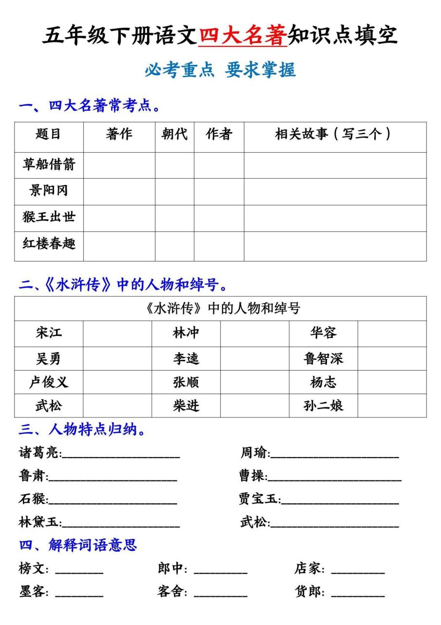 【《四大名著》知识点填空】五下语文