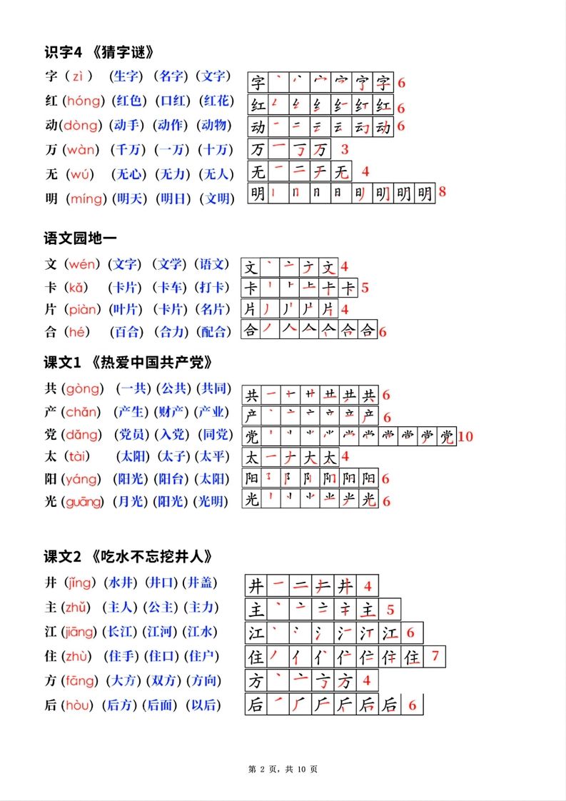 新版一年级下册语文生字笔顺拼音组词(课本贴)