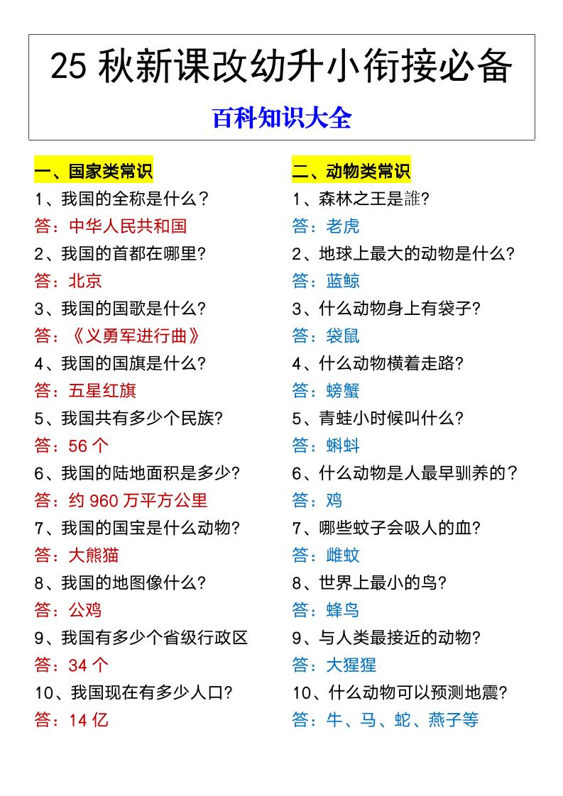 【2025秋新版】幼升小衔接必备百科知识大全