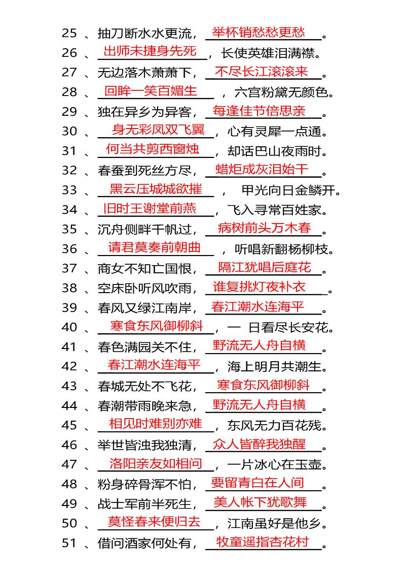 四年级下语文常考古诗词填空100题有答案