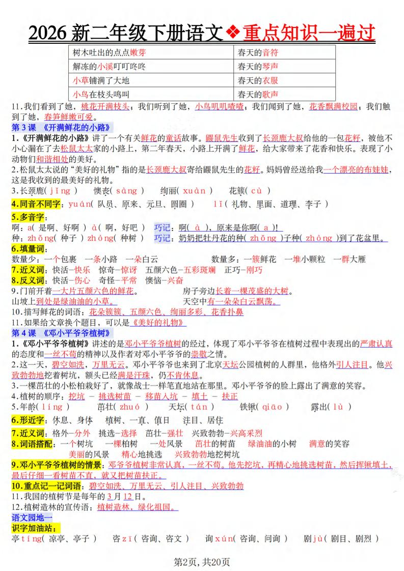 二年级下语文2026春重点知识一遍过