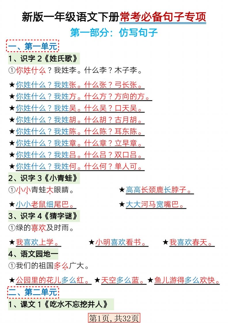 【句子专项】新版一年级语文下册常考必备句子专项(1)