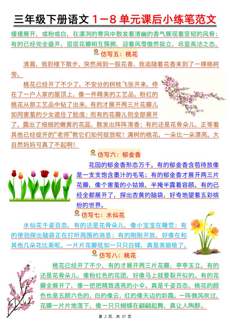 三下语文1-8单元课后小练笔范文（37页）