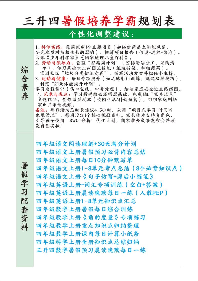 三升四暑假培养学霸规划表三下语文