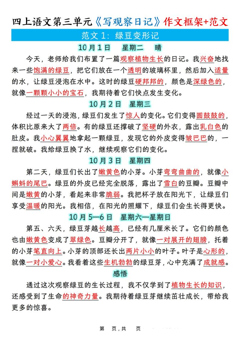 四上语文第三单元《写观察日记》作文支架＋优秀范文10页