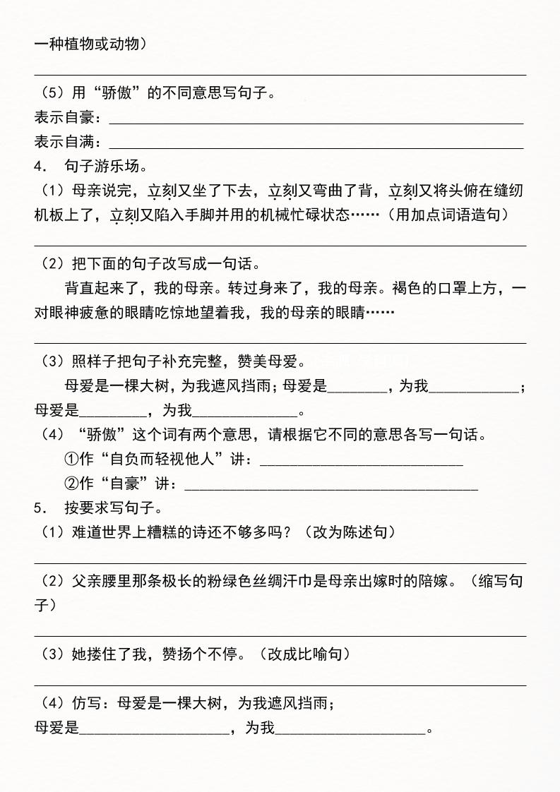 《五年级语文上册期中考点专题特训：句式转换》