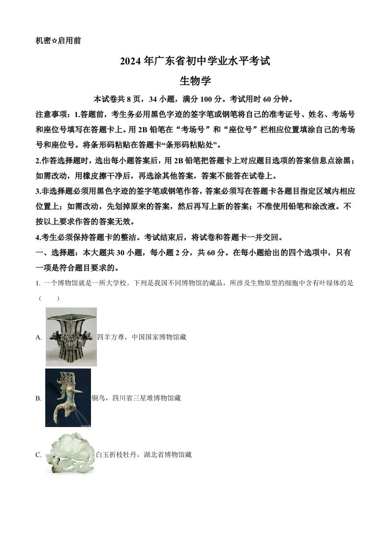 2024年广东省中考生物真题（含答案）