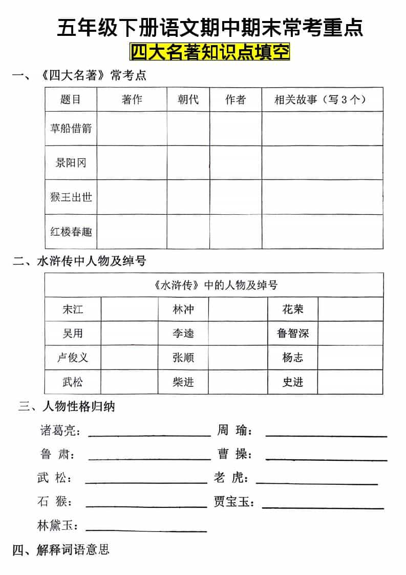 五年级下语文四大名著知识点填空
