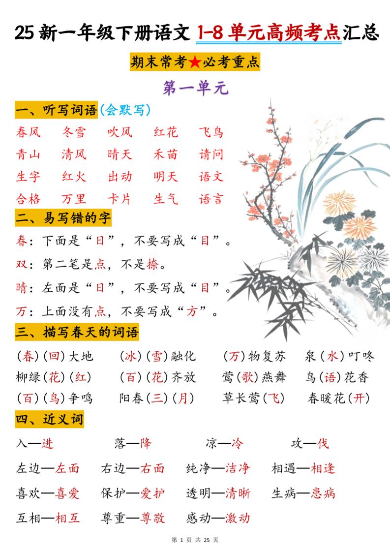 一下语文1-8单元高频考点汇总(25页)