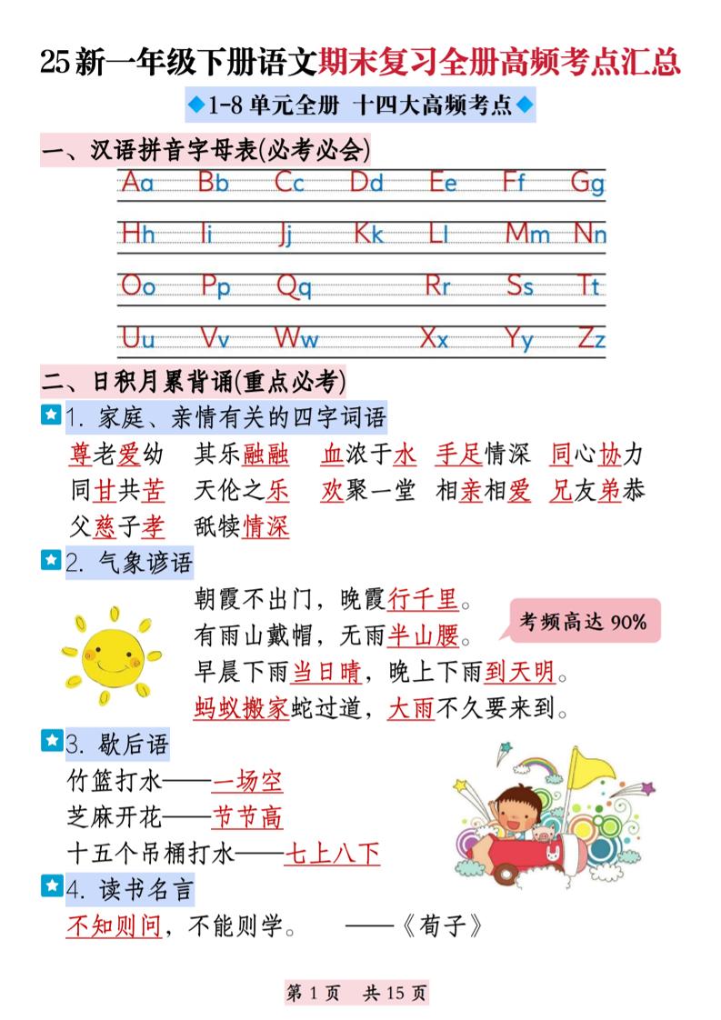 25新一下语文期末复习全册高频考点汇总（十四大高频考点）15页
