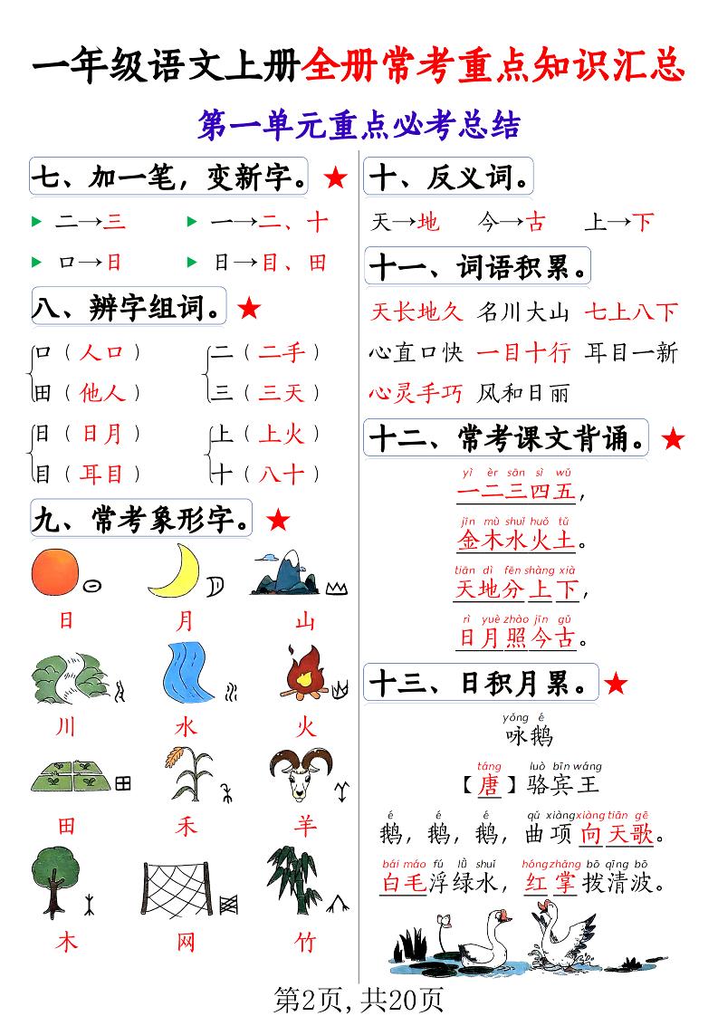 一年级语文上册全册常考重点知识汇总