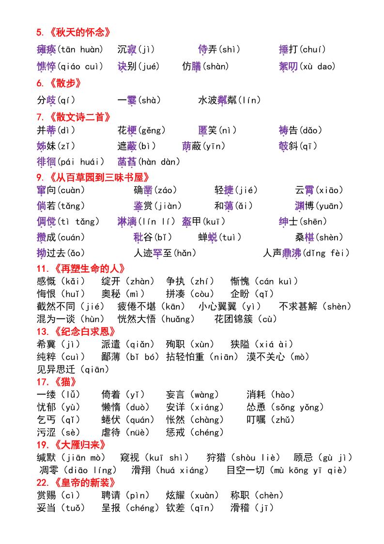七年级上语文必背考点汇总