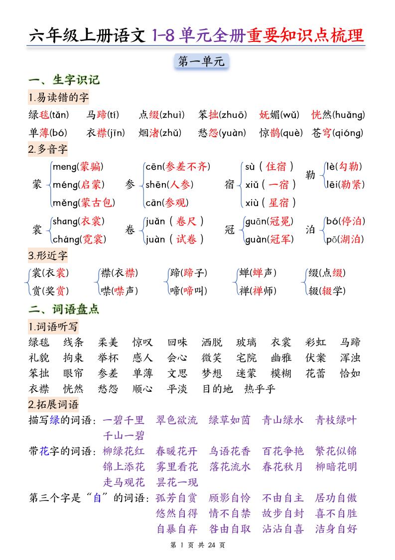 25秋六上语文1-8单元全册重要知识点梳理24页