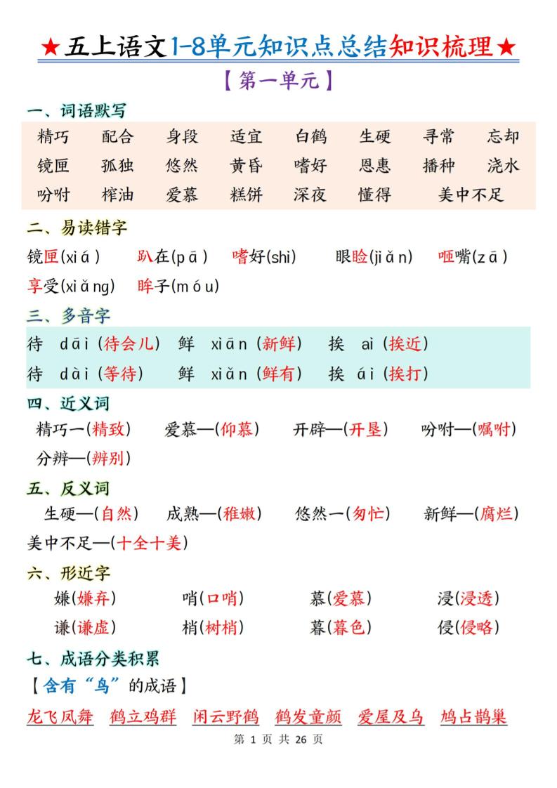五上语文1-8单元知识点总结知识梳理26页