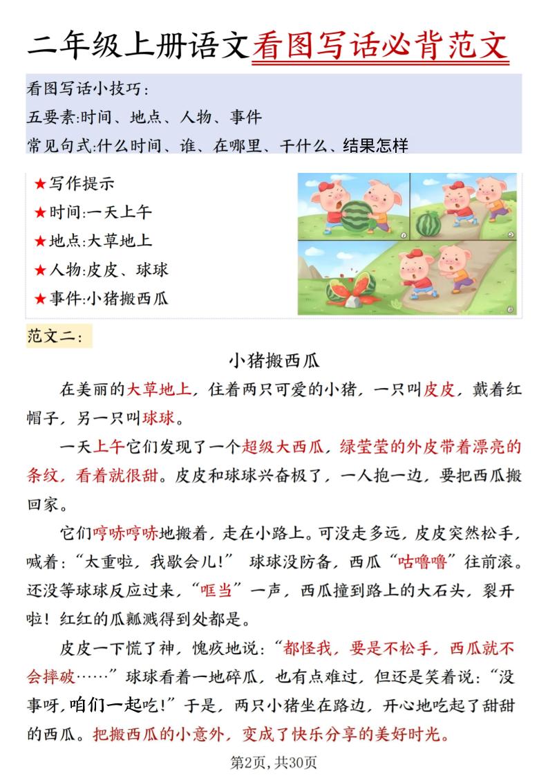 二上语文看图写话必背范文30篇30页