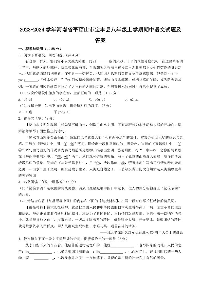 2023-2024学年河南省平顶山市宝丰县八年级上学期期中语文试题及答案(Word版)