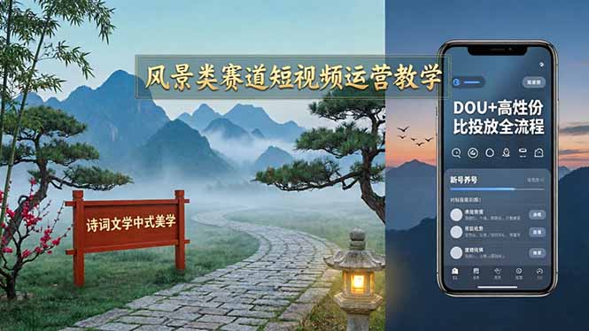 风景类赛道短视频运营教学：诗词文学中式美学，新号养号对标账号定位，DOU+高性价比投放全流程
